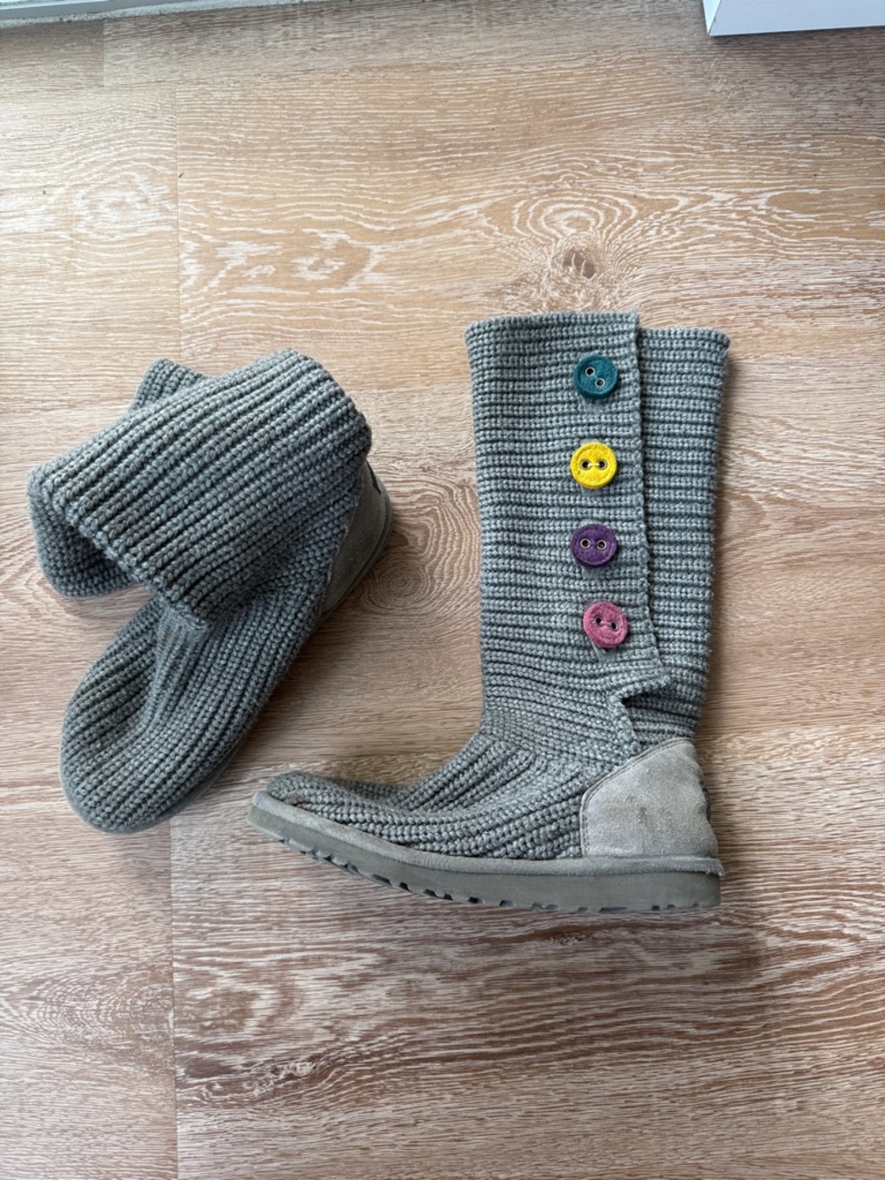 UGG Knit Tall Boots with Multicolor Buttons - Gray
